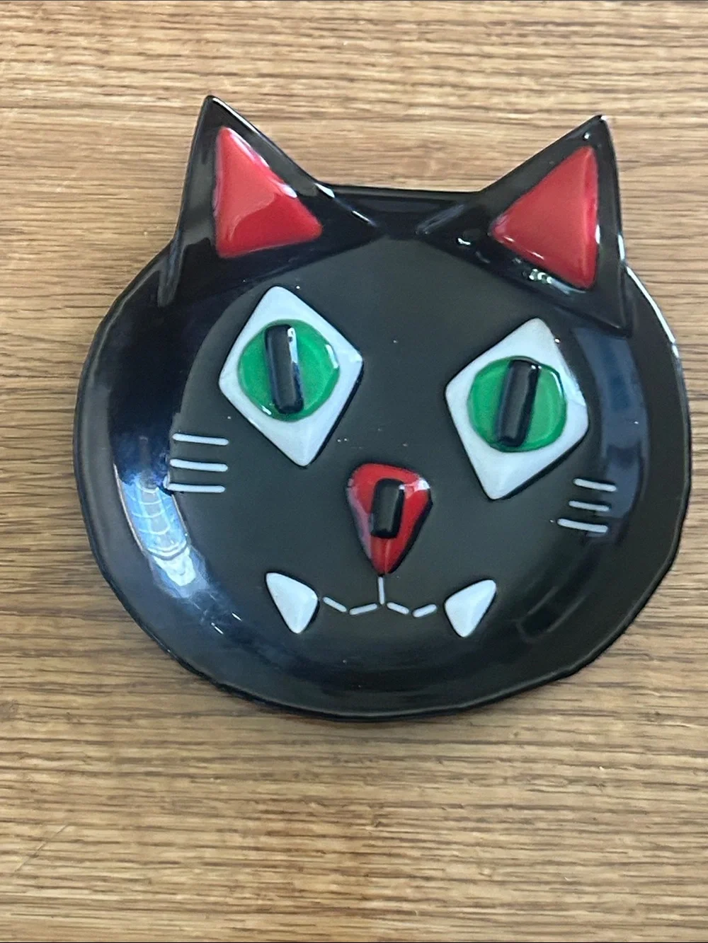 Black Cat Ceramic Trinket Dish - Green Eyes, Red Accents